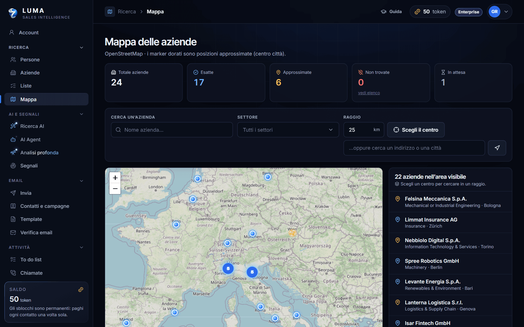Schermata di LUMA: mappa delle aziende